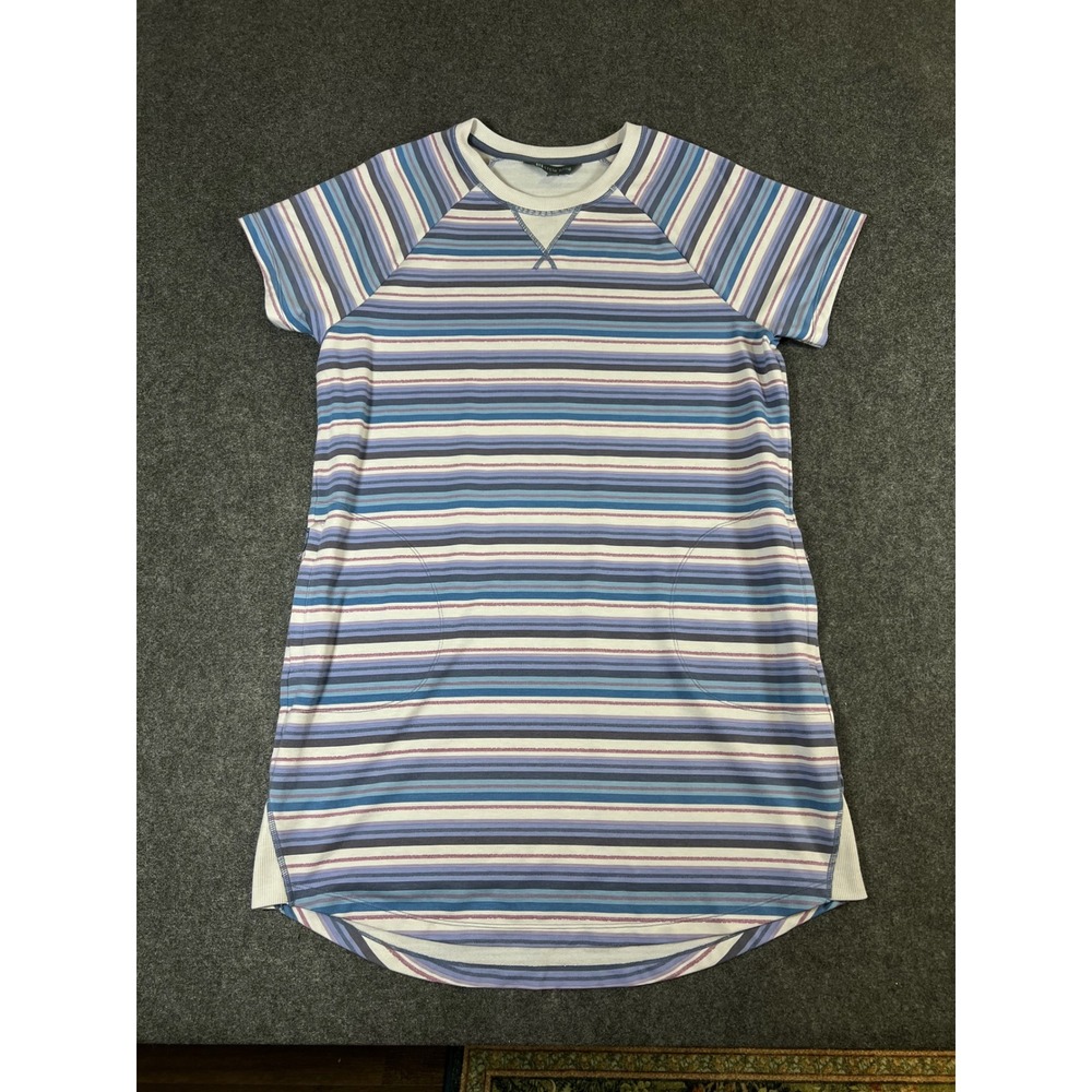 Title Nine Womens Blue Striped Short Sleeve Pocket Raglan Dress L Sporty Casual